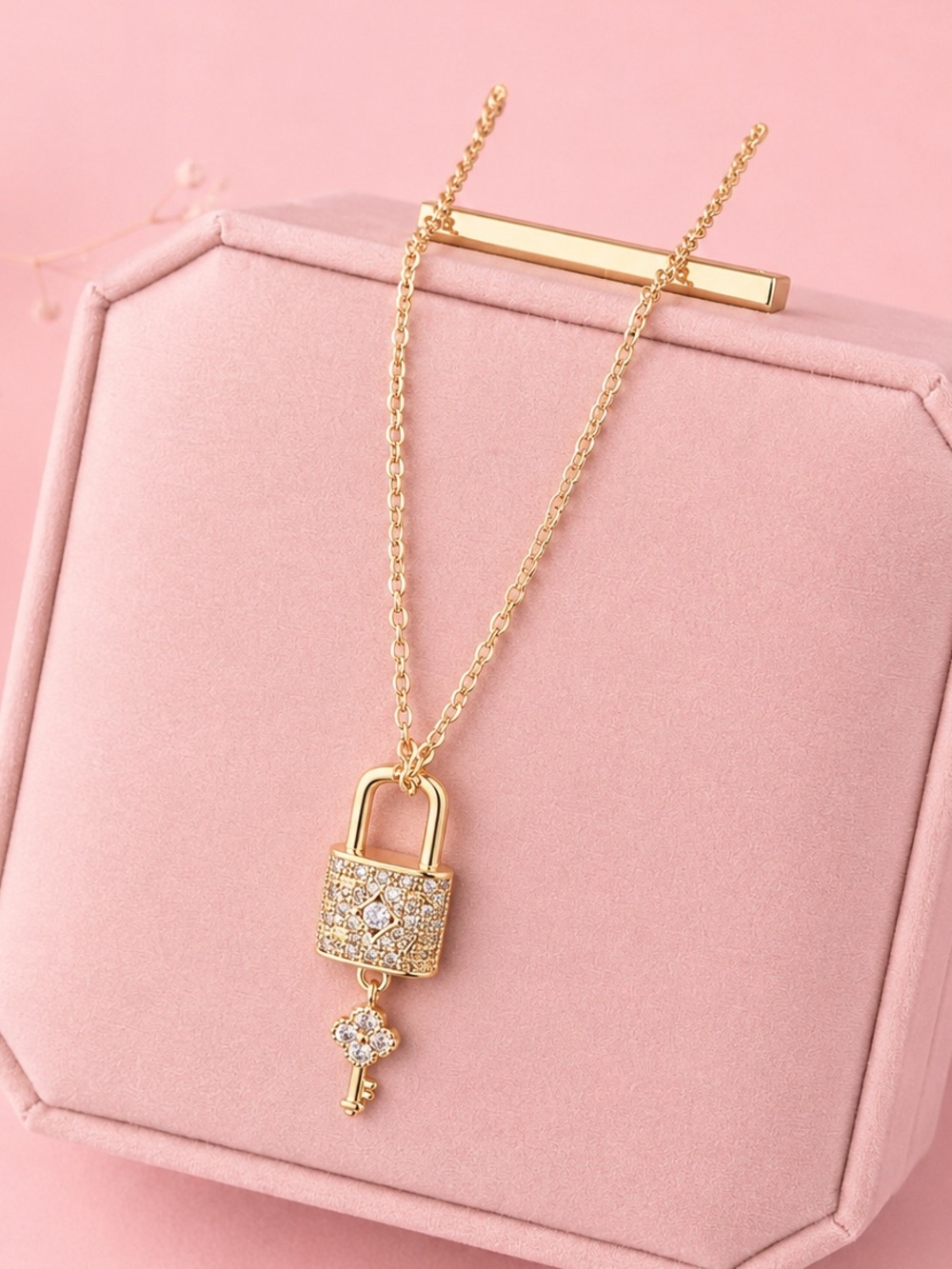 Gold Padlock Key Pendant Necklace